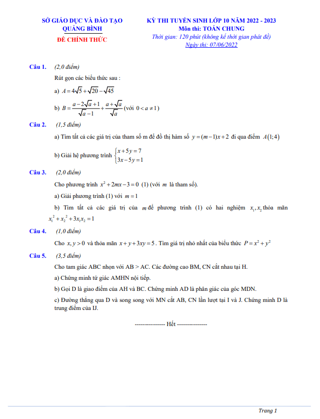 Đề tuyển sinh lớp 10 môn Toán (chung) năm 2022 – 2023 sở GD&ĐT Quảng Bình