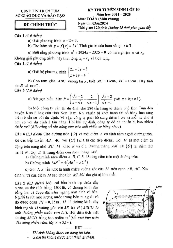 Đề tuyển sinh lớp 10 môn Toán (chung) năm 2024 – 2025 sở GD&ĐT Kon Tum
