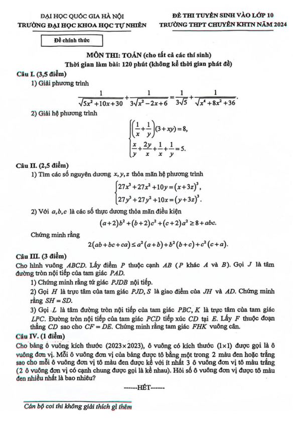 Đề tuyển sinh lớp 10 môn Toán (chung) năm 2024 trường chuyên KHTN – Hà Nội