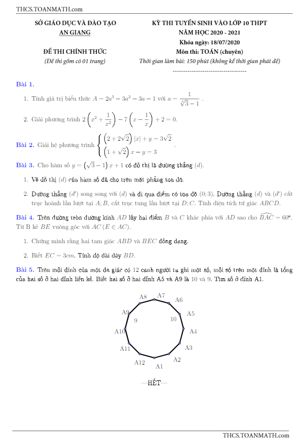Đề tuyển sinh lớp 10 môn Toán (chuyên) năm 2020 – 2021 sở GD&ĐT An Giang