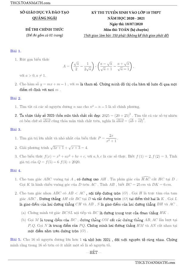 Đề tuyển sinh lớp 10 môn Toán (chuyên) năm 2020 – 2021 sở GD&ĐT Quảng Ngãi