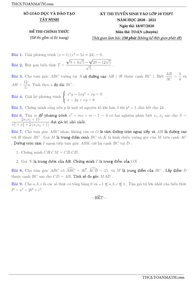 Đề tuyển sinh lớp 10 môn Toán (chuyên) năm 2020 – 2021 sở GD&ĐT Tây Ninh
