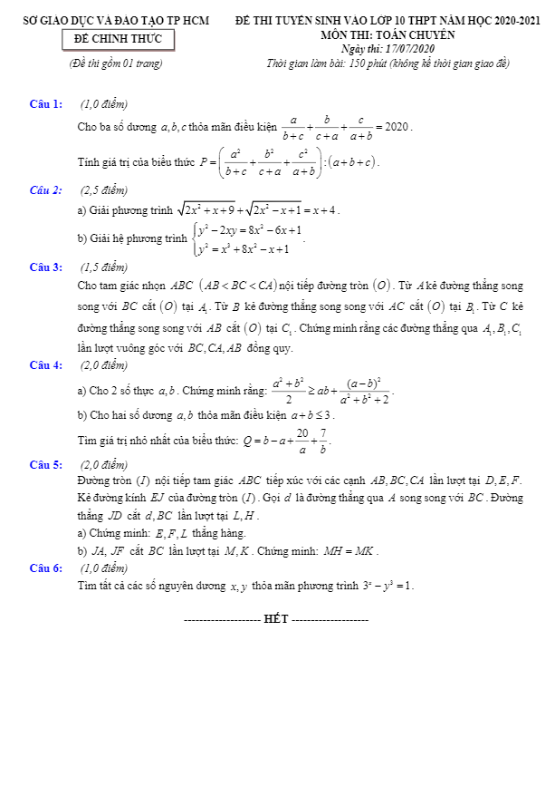 Đề tuyển sinh lớp 10 môn Toán (chuyên) năm 2020 – 2021 sở GD&ĐT TP HCM
