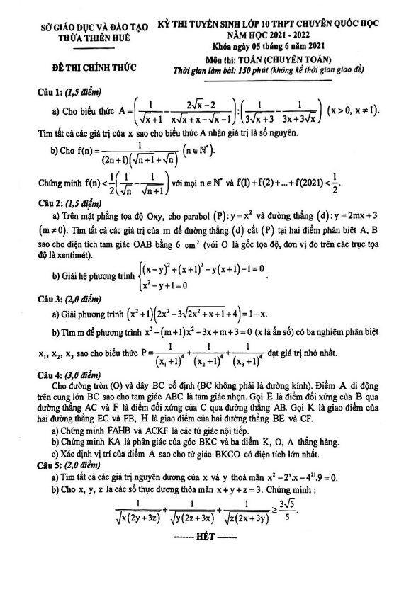 Đề tuyển sinh lớp 10 môn Toán (chuyên) năm 2021 – 2022 trường chuyên Quốc học Huế