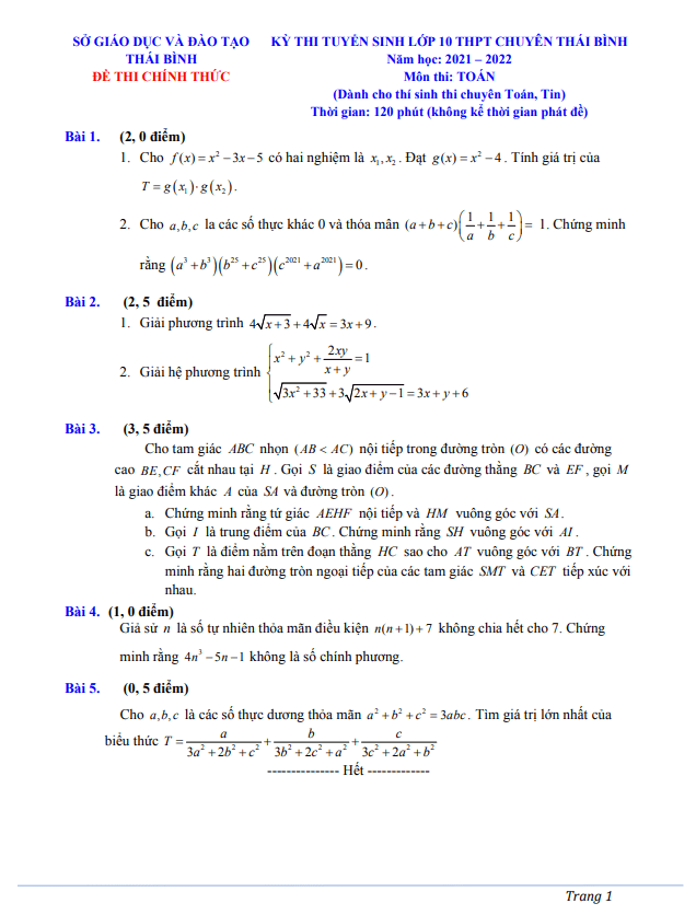 Đề tuyển sinh lớp 10 môn Toán (chuyên) năm 2021 – 2022 trường THPT chuyên Thái Bình