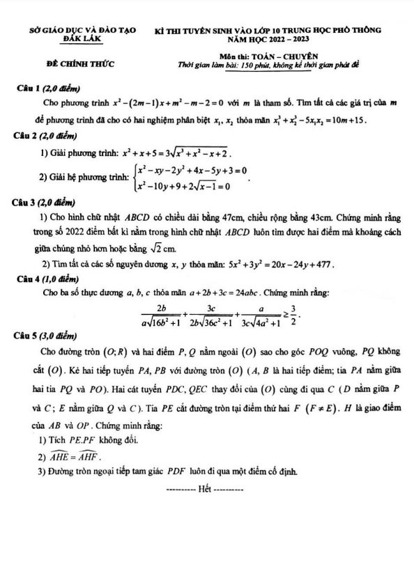 Đề tuyển sinh lớp 10 môn Toán (chuyên) năm 2022 – 2023 sở GD&ĐT Đắk Lắk