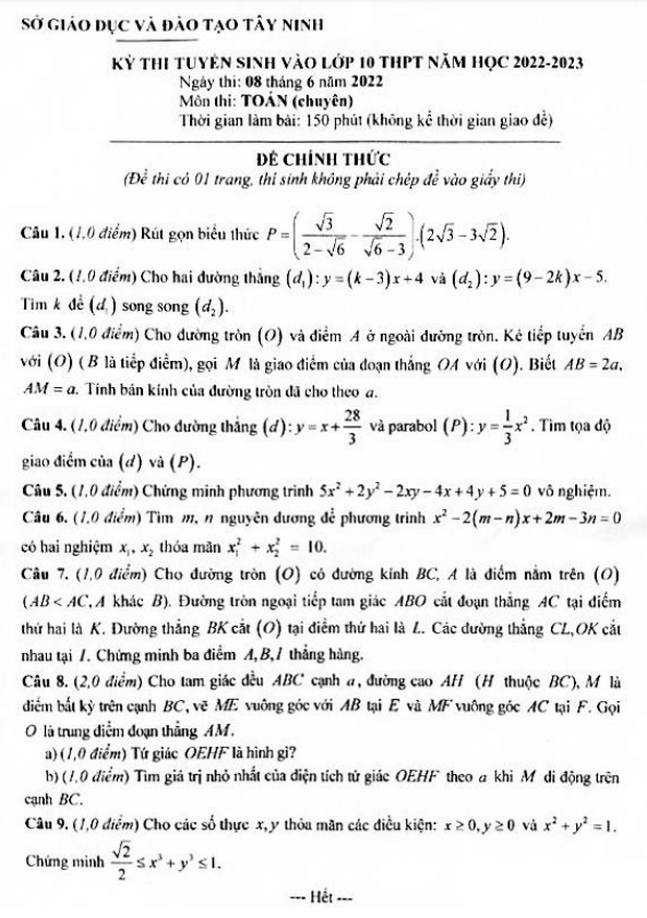 Đề tuyển sinh lớp 10 môn Toán (chuyên) năm 2022 – 2023 sở GD&ĐT Tây Ninh