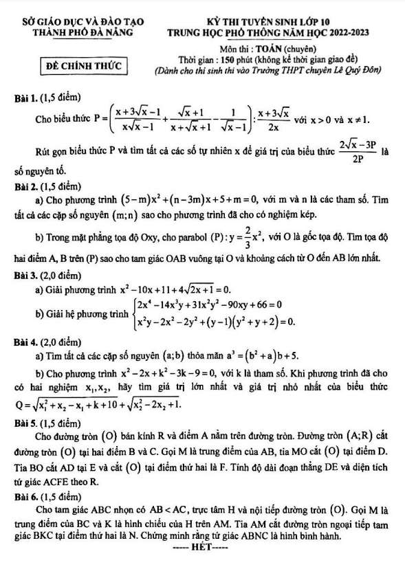 Đề tuyển sinh lớp 10 môn Toán (chuyên) năm 2022 – 2023 sở GD&ĐT TP Đà Nẵng