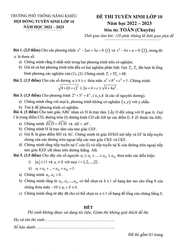 Đề tuyển sinh lớp 10 môn Toán (chuyên) năm 2022 – 2023 trường PTNK – TP HCM
