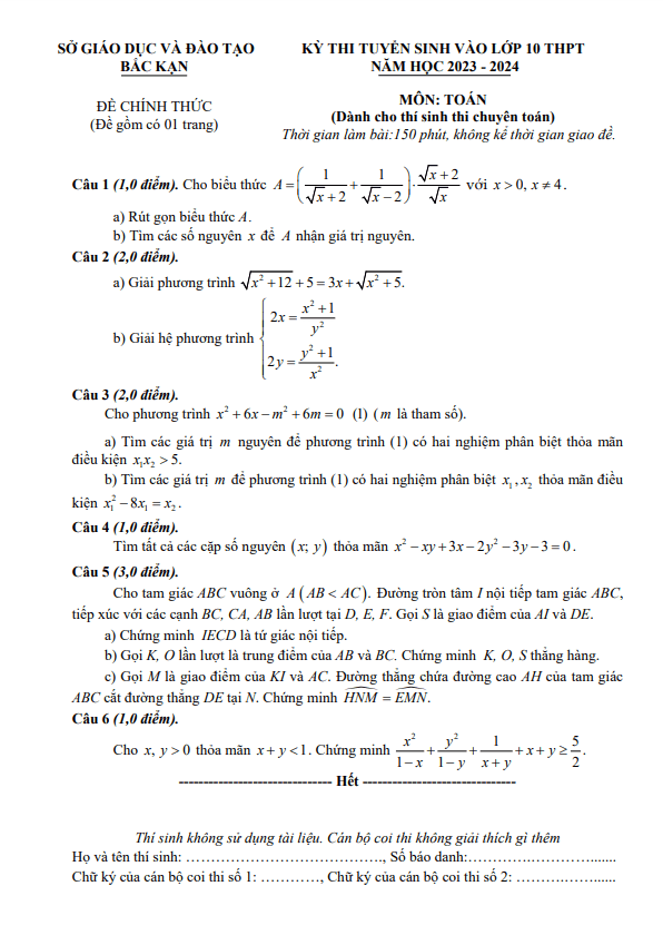 Đề tuyển sinh lớp 10 môn Toán (chuyên) năm 2023 – 2024 sở GD&ĐT Bắc Kạn