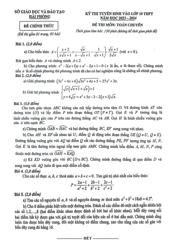 Đề tuyển sinh lớp 10 môn Toán (chuyên) năm 2023 – 2024 sở GD&ĐT Hải Phòng