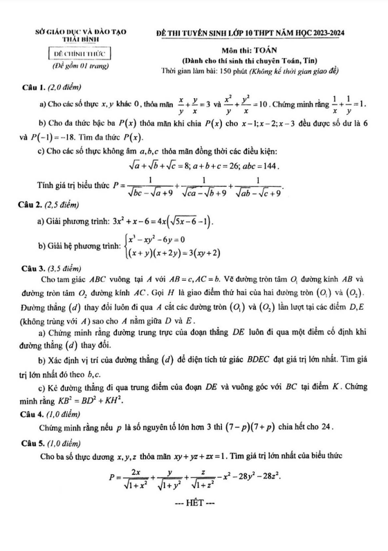 Đề tuyển sinh lớp 10 môn Toán (chuyên) năm 2023 – 2024 sở GD&ĐT Thái Bình
