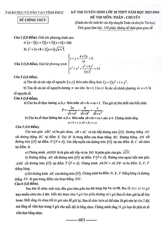 Đề tuyển sinh lớp 10 môn Toán (chuyên) năm 2023 – 2024 sở GD&ĐT Vĩnh Phúc