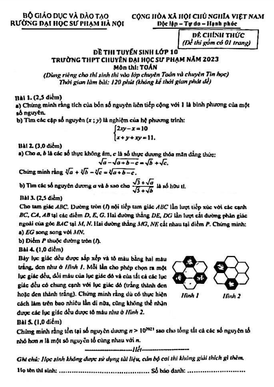 Đề tuyển sinh lớp 10 môn Toán (chuyên) năm 2023 trường THPT chuyên ĐHSP Hà Nội