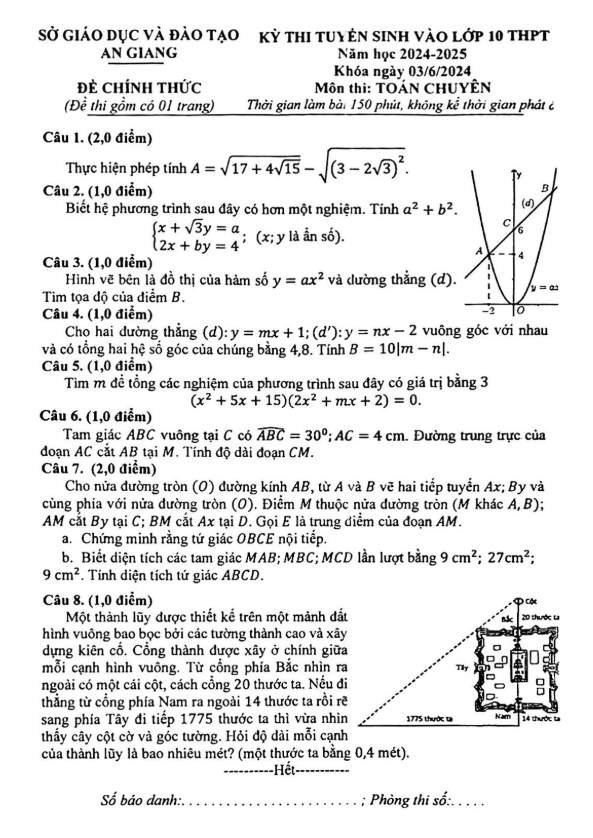 Đề tuyển sinh lớp 10 môn Toán (chuyên) năm 2024 – 2025 sở GD&ĐT An Giang