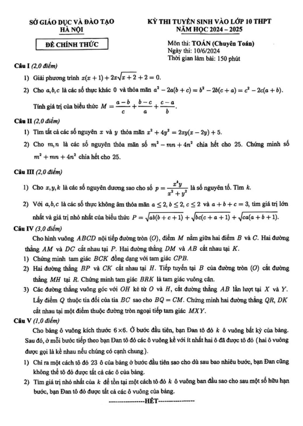 Đề tuyển sinh lớp 10 môn Toán (chuyên) năm 2024 – 2025 sở GD&ĐT Hà Nội