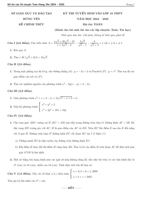 Đề tuyển sinh lớp 10 môn Toán (chuyên) năm 2024 – 2025 sở GD&ĐT Hưng Yên