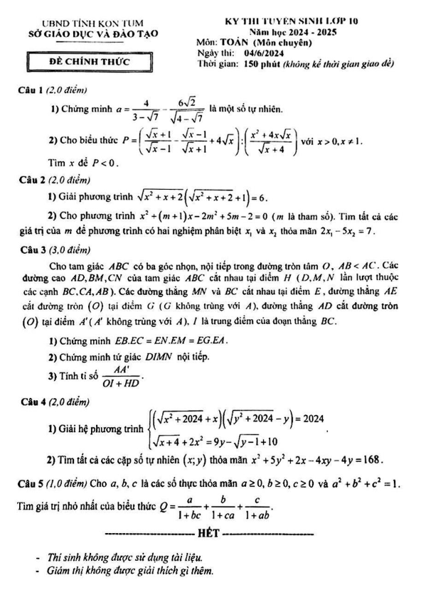 Đề tuyển sinh lớp 10 môn Toán (chuyên) năm 2024 – 2025 sở GD&ĐT Kon Tum
