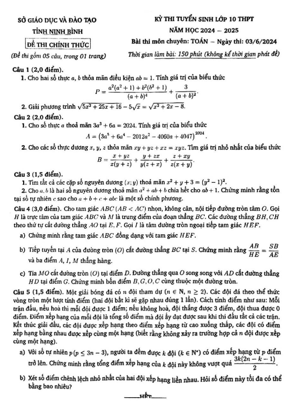 Đề tuyển sinh lớp 10 môn Toán (chuyên) năm 2024 – 2025 sở GD&ĐT Ninh Bình