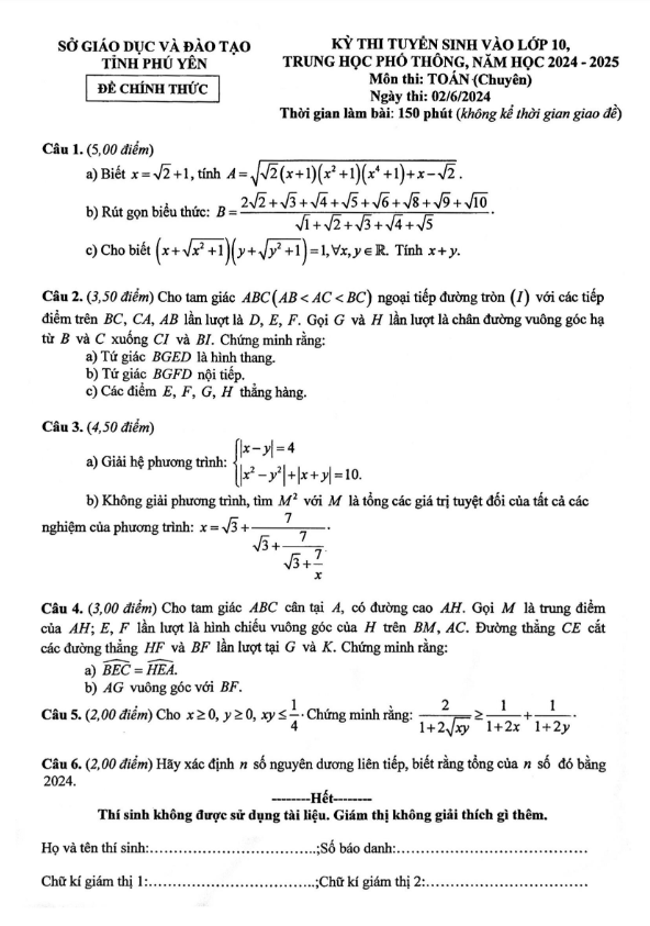 Đề tuyển sinh lớp 10 môn Toán (chuyên) năm 2024 – 2025 sở GD&ĐT Phú Yên