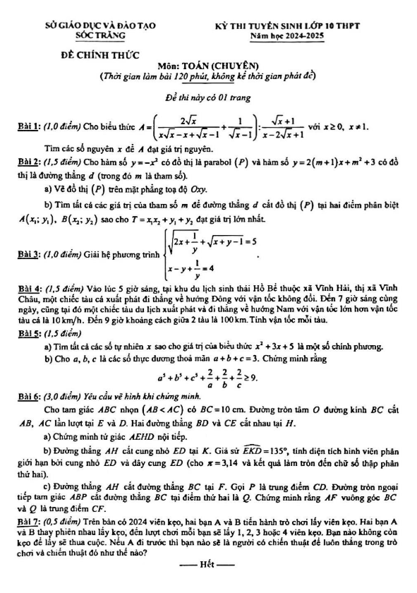 Đề tuyển sinh lớp 10 môn Toán (chuyên) năm 2024 – 2025 sở GD&ĐT Sóc Trăng