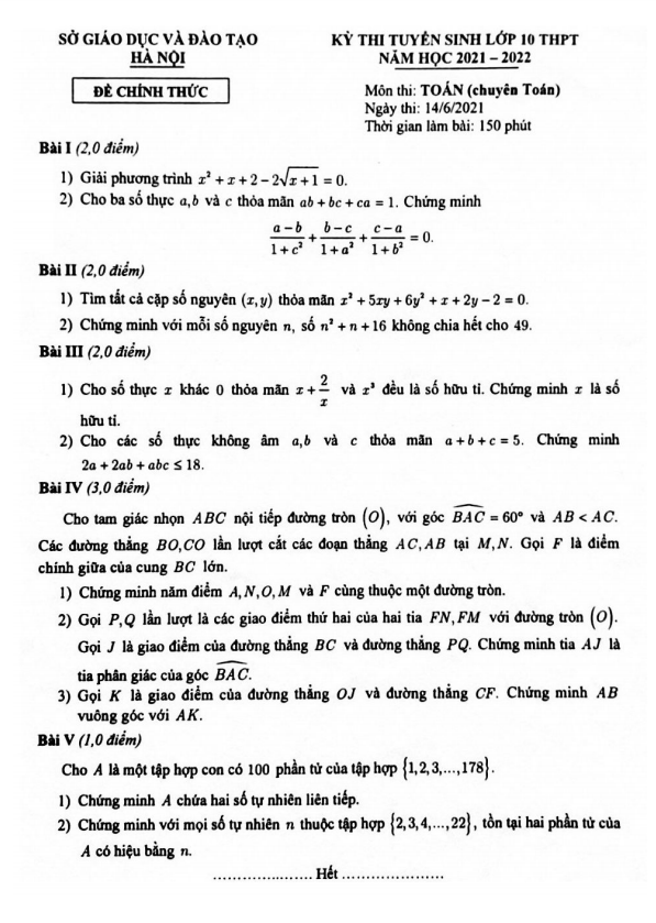 Đề tuyển sinh lớp 10 môn Toán (chuyên Toán) năm 2021 – 2022 sở GD&ĐT Hà Nội