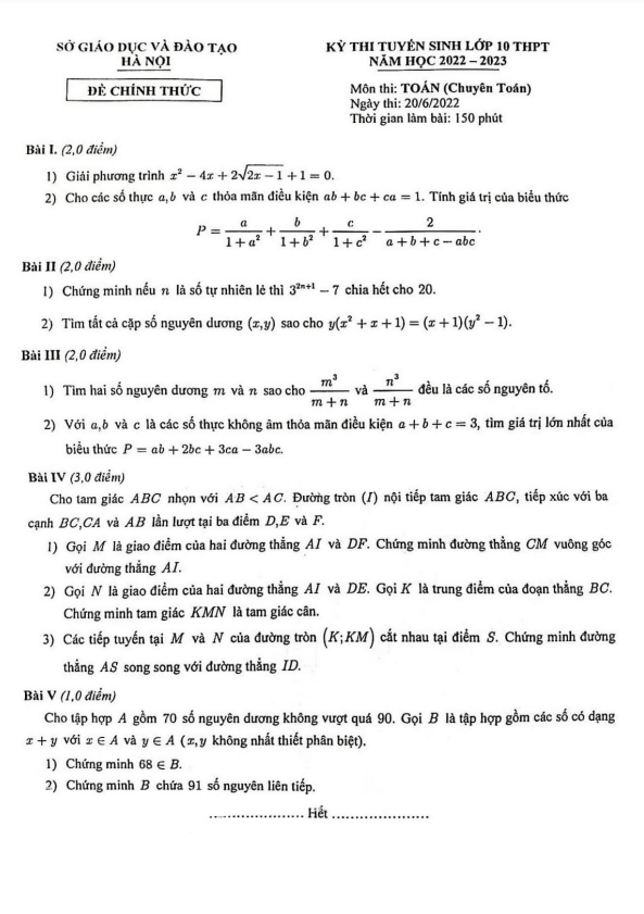 Đề tuyển sinh lớp 10 môn Toán (chuyên Toán) năm 2022 – 2023 sở GD&ĐT Hà Nội