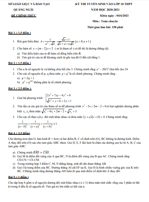 Đề tuyển sinh lớp 10 môn Toán (hệ chuyên) năm 2021 – 2022 sở GD&ĐT Quảng Ngãi