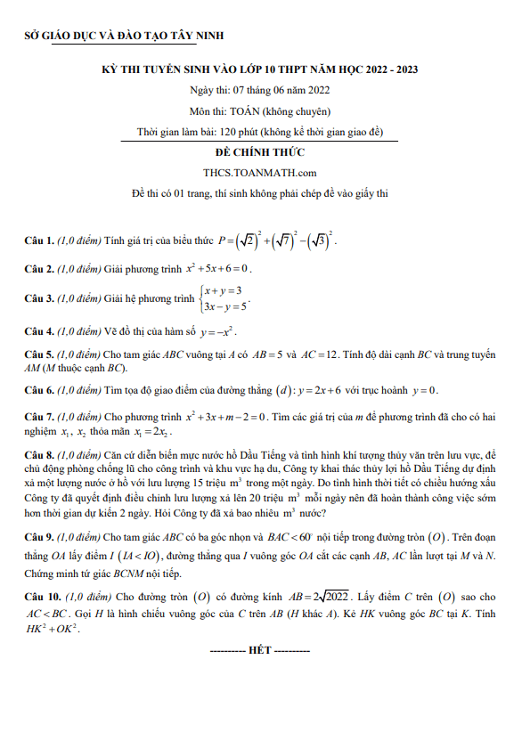 Đề tuyển sinh lớp 10 môn Toán (không chuyên) năm 2022 – 2023 sở GD&ĐT Tây Ninh