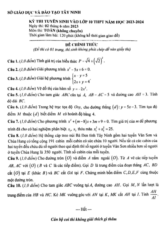 Đề tuyển sinh lớp 10 môn Toán (không chuyên) năm 2023 – 2024 sở GD&ĐT Tây Ninh