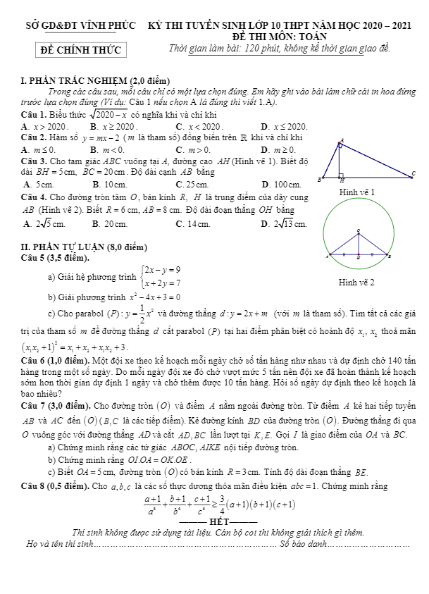 Đề tuyển sinh lớp 10 môn Toán năm 2020 – 2021 sở GD&ĐT Vĩnh Phúc