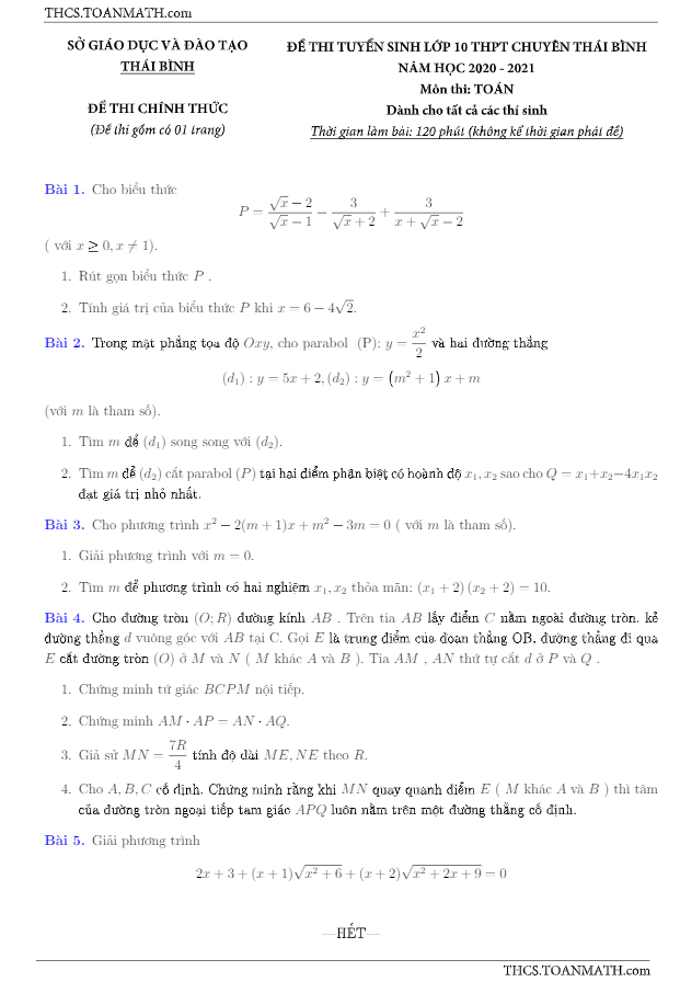 Đề tuyển sinh lớp 10 môn Toán năm 2020 – 2021 trường THPT chuyên Thái Bình (đề chung)