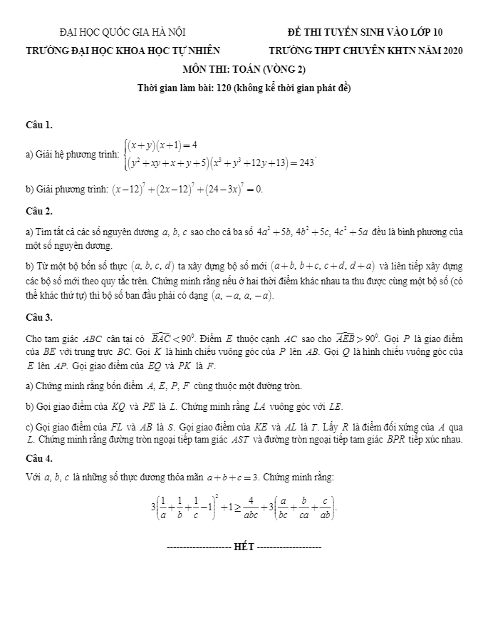 Đề tuyển sinh lớp 10 môn Toán năm 2020 trường THPT chuyên KHTN Hà Nội (vòng 2)