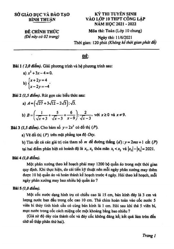 Đề tuyển sinh lớp 10 môn Toán năm 2021 – 2022 sở GD&ĐT Bình Thuận