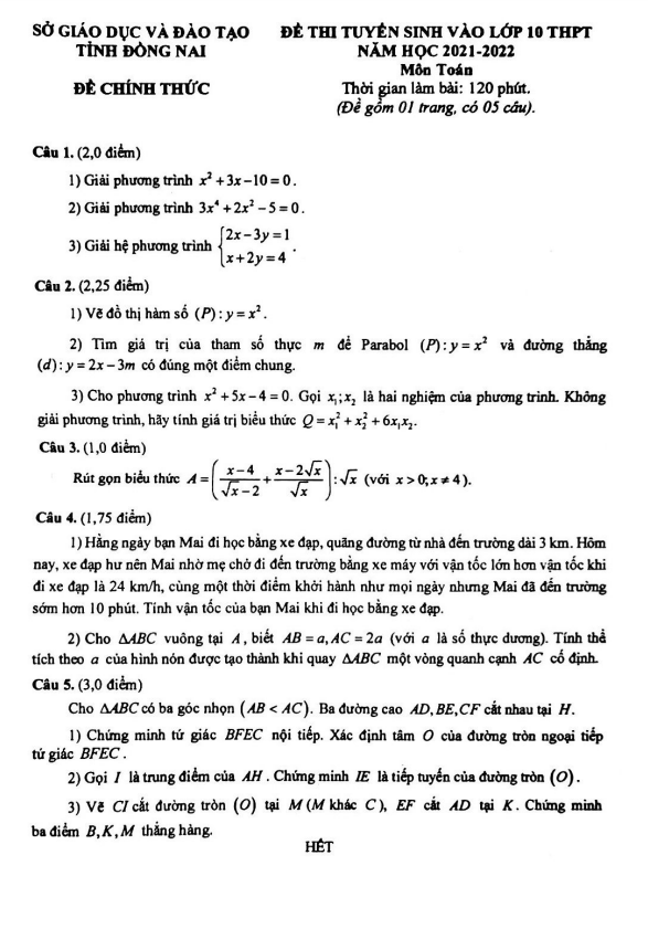 Đề tuyển sinh lớp 10 môn Toán năm 2021 – 2022 sở GD&ĐT Đồng Nai