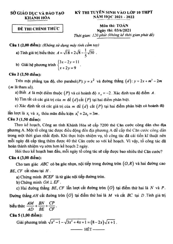 Đề tuyển sinh lớp 10 môn Toán năm 2021 – 2022 sở GD&ĐT Khánh Hòa