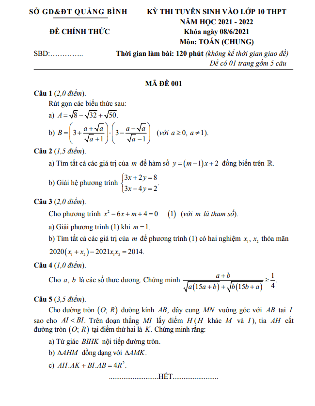 Đề tuyển sinh lớp 10 môn Toán năm 2021 – 2022 sở GD&ĐT Quảng Bình
