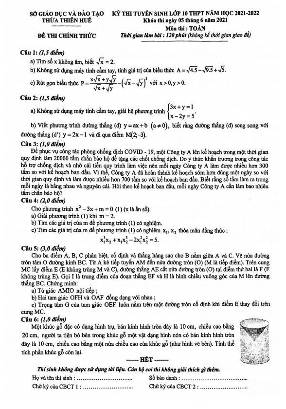 Đề tuyển sinh lớp 10 môn Toán năm 2021 – 2022 sở GD&ĐT Thừa Thiên Huế