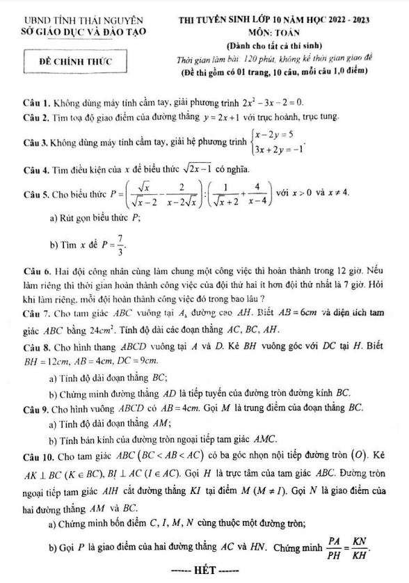 Đề tuyển sinh lớp 10 môn Toán năm 2022 – 2023 sở GD&ĐT Thái Nguyên