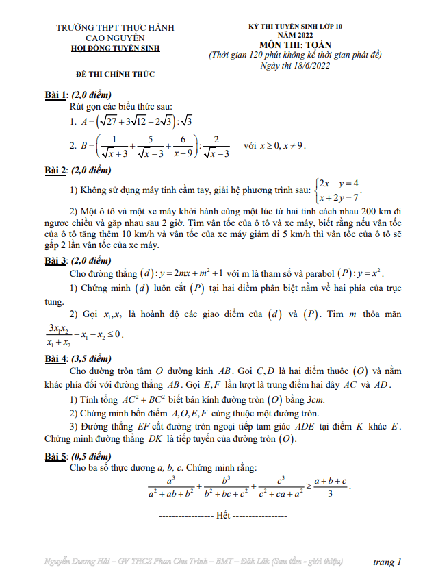 Đề tuyển sinh lớp 10 môn Toán năm 2022 trường Thực Hành Cao Nguyên – Đắk Lắk