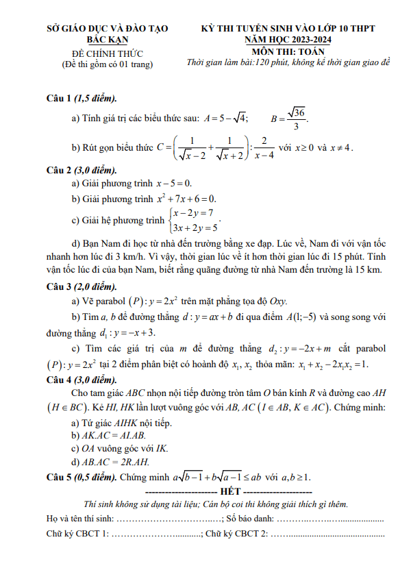 Đề tuyển sinh lớp 10 môn Toán năm 2023 – 2024 sở GD&ĐT Bắc Kạn