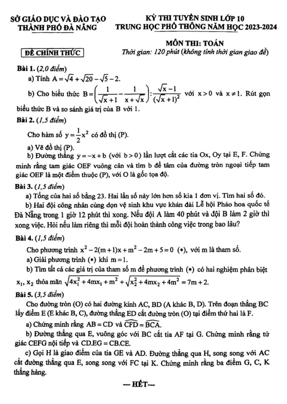 Đề tuyển sinh lớp 10 môn Toán năm 2023 – 2024 sở GD&ĐT Đà Nẵng