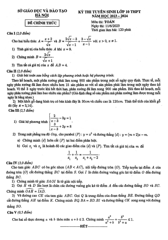 Đề tuyển sinh lớp 10 môn Toán năm 2023 – 2024 sở GD&ĐT Hà Nội