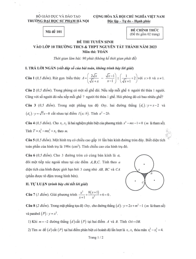 Đề tuyển sinh lớp 10 môn Toán năm 2023 trường Nguyễn Tất Thành – Hà Nội