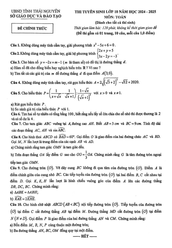 Đề tuyển sinh lớp 10 môn Toán năm 2024 – 2025 sở GD&ĐT Thái Nguyên