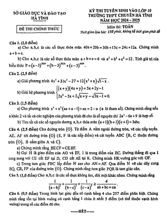 Đề tuyển sinh lớp 10 môn Toán năm 2024 – 2025 trường THPT chuyên Hà Tĩnh