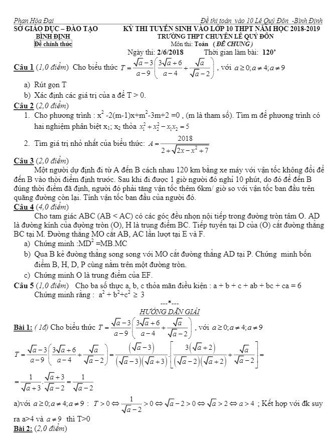 Đề tuyển sinh lớp 10 năm 2018 – 2019 môn Toán chuyên Lê Quý Đôn – Bình Định
