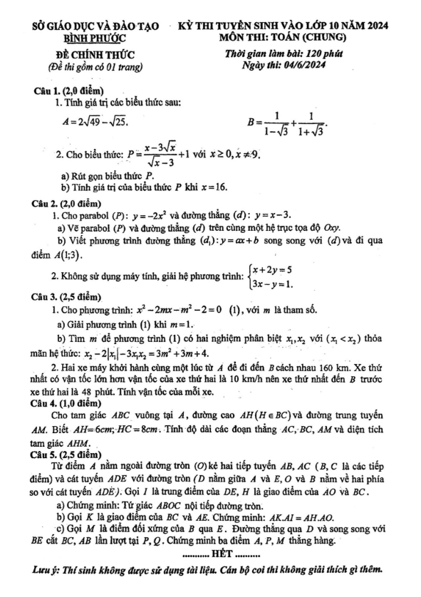 Đề tuyển sinh lớp 10 năm 2024 môn Toán (chung) sở GD&ĐT Bình Phước