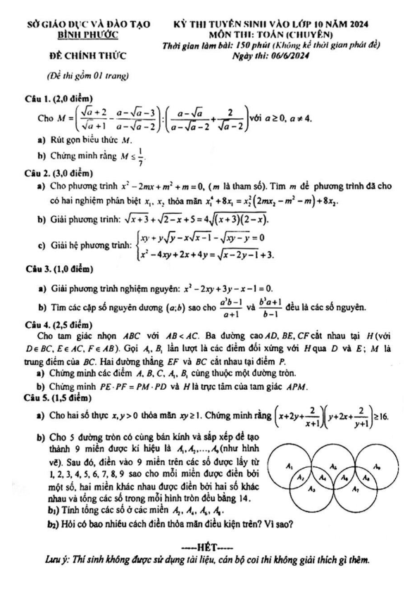 Đề tuyển sinh lớp 10 năm 2024 môn Toán (chuyên) sở GD&ĐT Bình Phước
