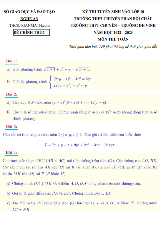 Đề tuyển sinh lớp 10 THPT chuyên môn Toán năm 2022 – 2023 sở GD&ĐT Nghệ An